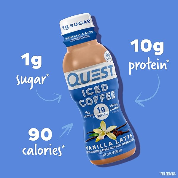QUEST NUTRITION ICED COFFEE, VANILLA LATTE, 1G OF SUGAR, 10G OF PROTEIN, 90 CALORIES, 200MG OF CAFFEINE, 4 COUNT