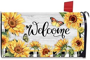 Auirre Spring Summer Welcome Floral Mailbox Cover Magnetic Standard 21" x 18", Sunflower Butterfly Decorative Flower Buffalo Plaid Fall Post Letter Box Wrap Farmhouse Rustic Decor for Garden Yard