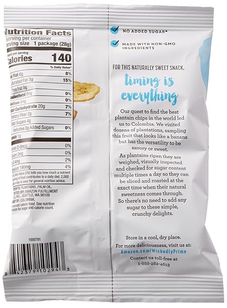 WICKEDLY PRIME PLANTAIN CHIPS, SIMPLE & SLIGHTLY SWEET, SNACK PACK, 1 OUNCE (PACK OF 36)