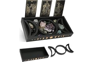 MOONCRAFTLOGY Crystal Tray for Stones, Triple Moon Crystal Holder Box, 3 Tarot Card Stand for Daily Affirmation Cards, Wicca Crystal Display, Detachable Rocks, Essential Oil Organizer, Witch Altar Christmas Gift