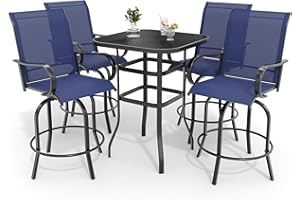 LUYFUITRE 5 PCS Outdoor Bar Set with Outdoor Bistro Table and Chairs Set of 4, Bar Height Outdoor Dining Set, All Weather Mental Textilene High Swivel Bar Stools Chair Set of 4 and High Glass Bar Table