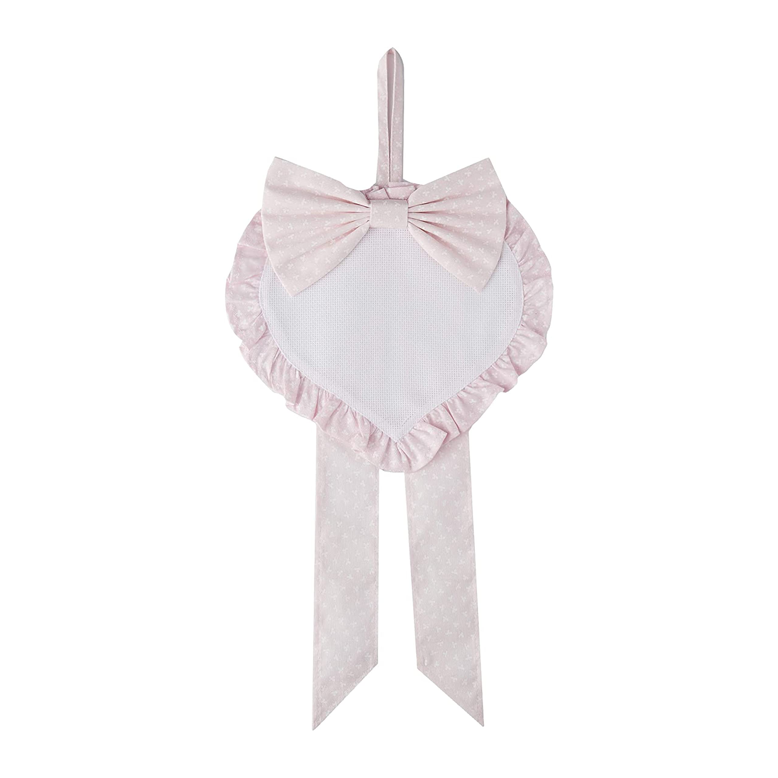 Filet - Heart Shaped Aida Canvas Birth Announcement Ribbon to Embroider, Made of Printed Cotton, Ideal for Hanging to Announce The Birth of a Baby Girl, 100% Made in Italy, Pink Colour