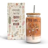 Fancyfams 16 oz Glass Drinking Cup with Bamboo Lid, and Straw, Women of the Bible Drink Cup, Christian, Religious, Mothers Day, Birthday Gifts for Women, Affirmation, Jesus Coffee Jar (You Are)