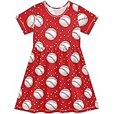 NUSTAPU Girls' Dresses Baseball Print Short Sleeve Summer Dress for Toddler Girls 2-8Y