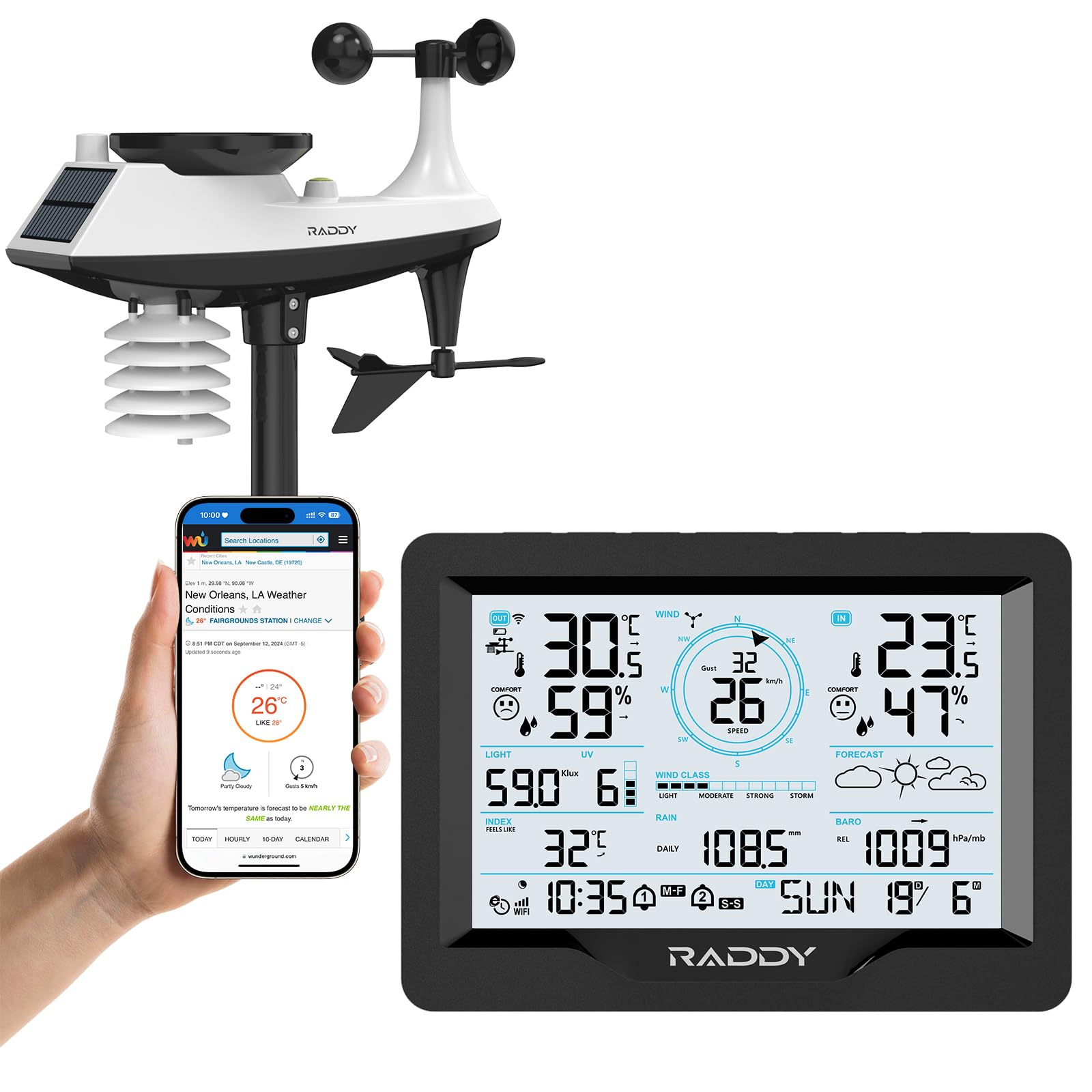 Raddy MN6 Wi-Fi Weather Station, 15-in-1 Wireless Weather Station for Indoor Outdoor, Temperature Humidity Monitor with Air Pressure, Rain Gauge, Wind Speed, UV, Weather Forecast