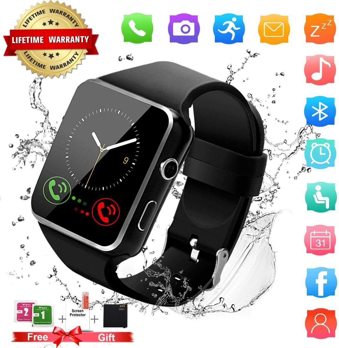 Smart Watch,Bluetooth Smart Watch Touch Screen Smartwatch Sport Smart Fitness Tracker Wrist Watch with SIM Card Slot Camera Pedometer (.)