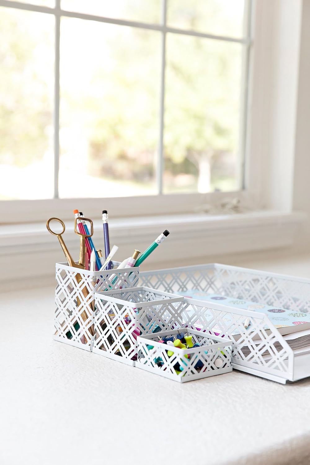 Blu Monaco White Desk Organizer - 5 Piece Interlocking Desk Accessories Set - Paper - Document Tray, Pen Cup, 3 Assorted Accessory Trays : Office Products