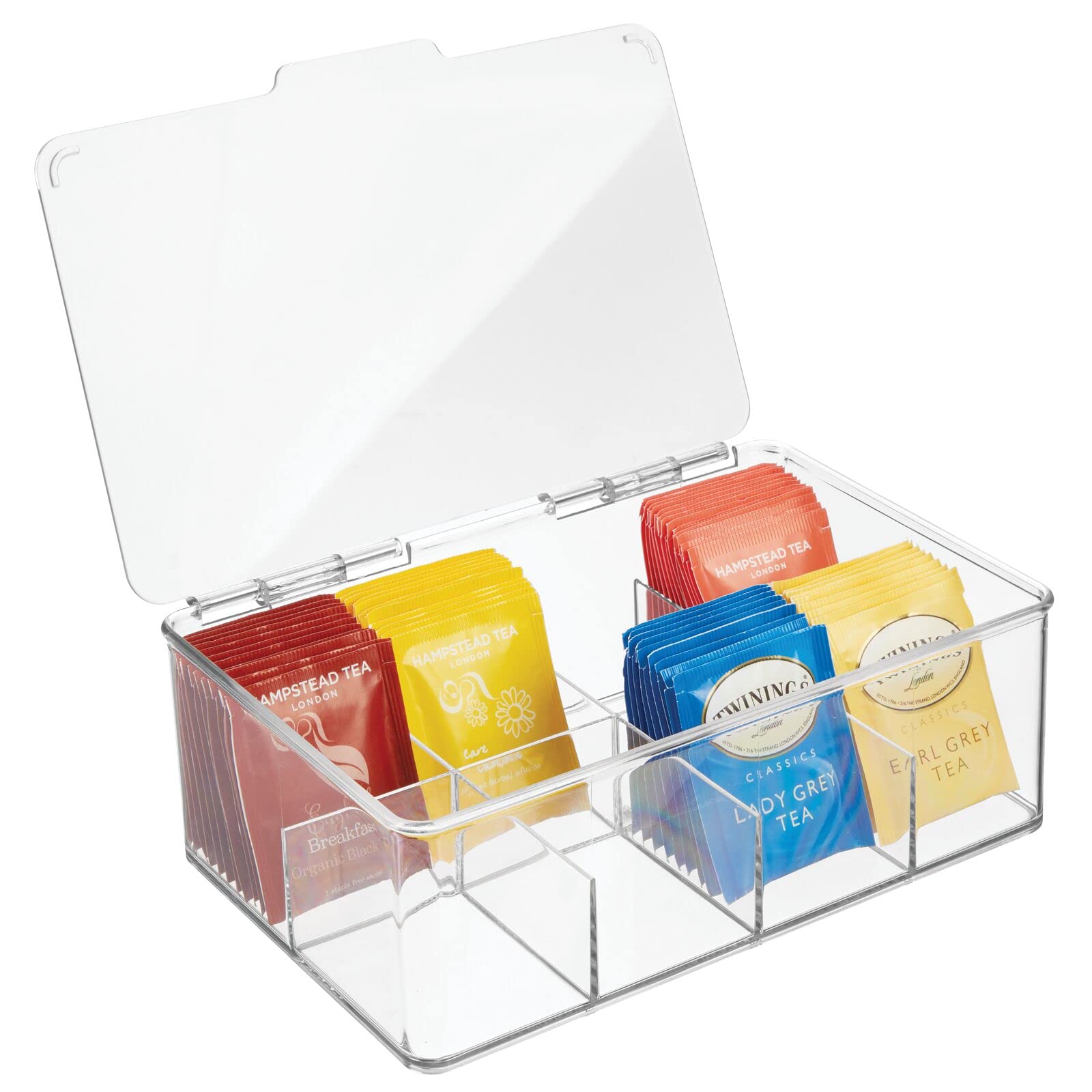 mDesign Tea Storage Box with 8 Compartments - Holds up to 100 Tea Bags Each - Loose Tea Storage and Tea Bag Organiser - Clear