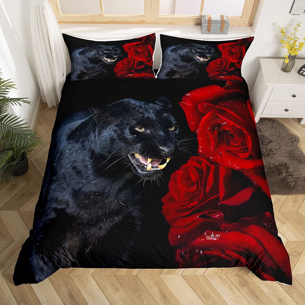 Loussiesd Leopard Duvet Cover Set Double Size 3D Black Panther Animal Bedding Set Wildlife Comforter Cover Set Gorgeous Red Rose Floral Cheetah Bedspread Cover Microfiber 3 Pieces