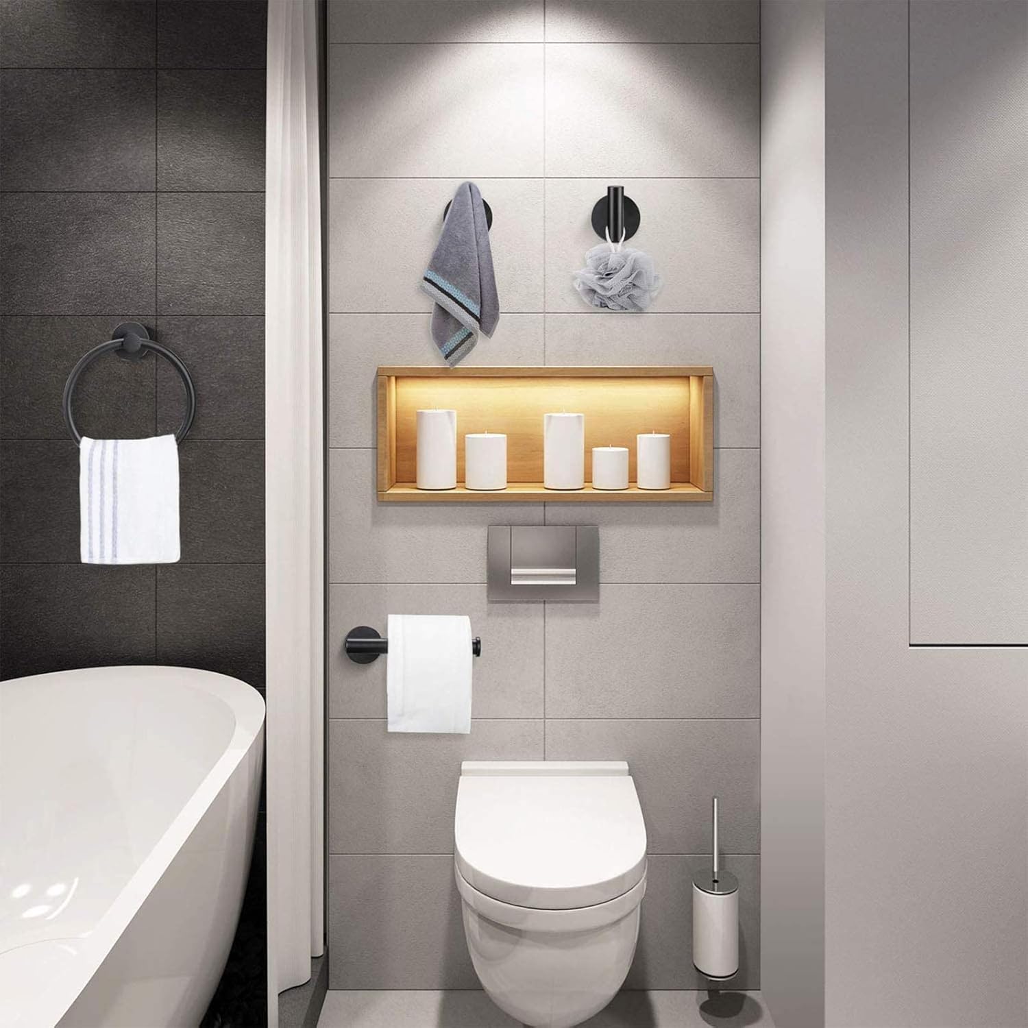 Tower Ring and Toilet Paper Holder Stainless Steel Bathroom Hardware Set 2 Piece Matte Black Bathroom Hand Towel Holder Towel Hanger Wall Mounted: Home & Kitchen