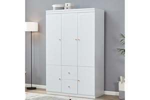 ClassyCabin 3 Door Armoire Wardrobe Closet Cabinet, Wooden 2 Drawers Armoire Storage Cabinet for High Storage Capacity, White Closet Cabinet with Hanging Rod and 5 Storage 47.3" L x 20.3" W x 74.2" H