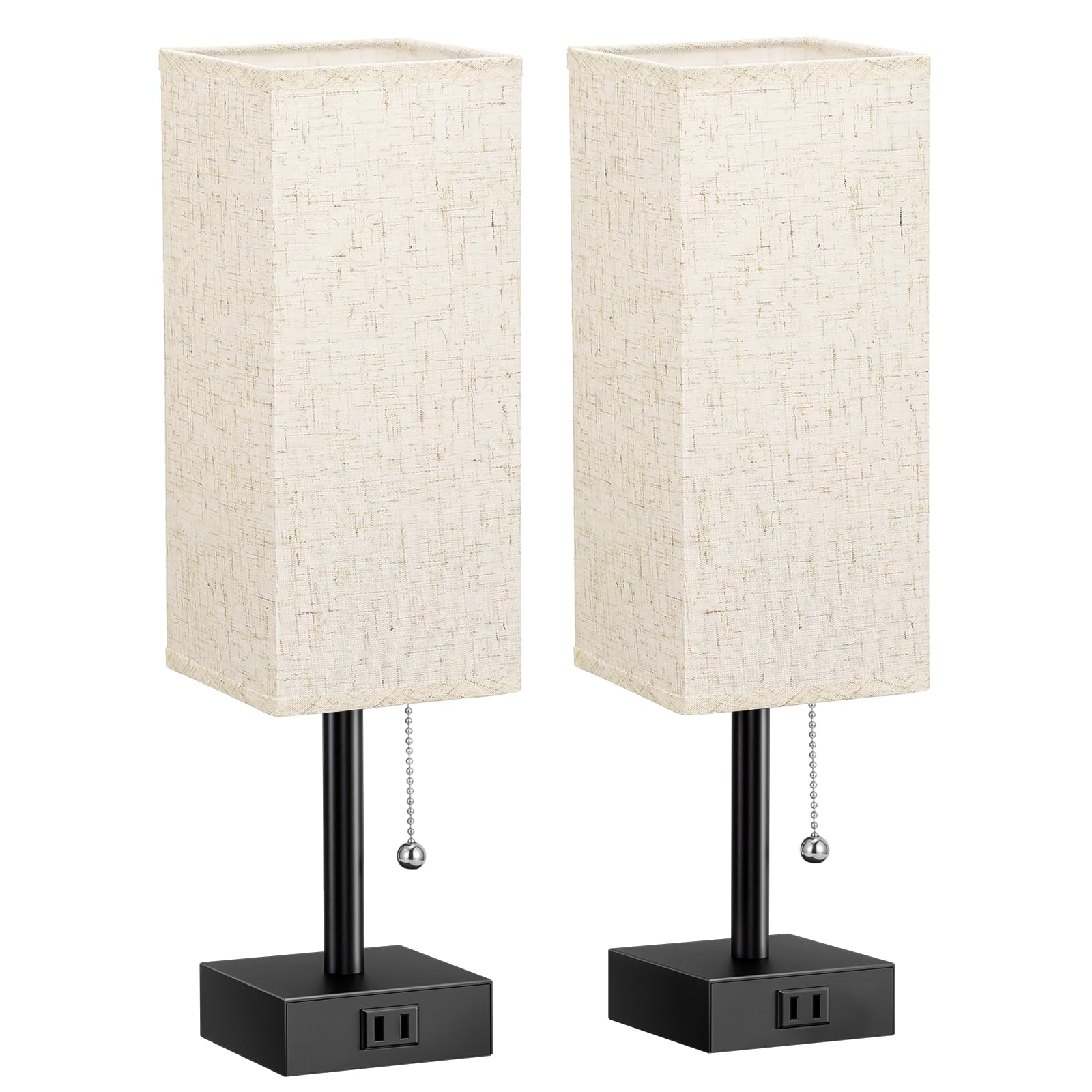 Bedside Table Lamps for Bedroom Set of 2 - Small Rectangular Nightstand Lamp with AC Outlet Charging Port, 3 Color Temperatures Desk Light with Bulb, Tabletop Reading Lamp for Living Room/Dorm/Office