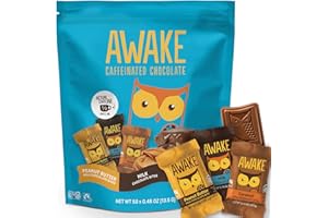AWAKE CAFFEINATED CHOCOLATE AWAKE - Caffeinated Chocolate Bites - 50mg Caffeine - Variety Pack (3 Flavors), 50 Bites - Peanut Butter, Milk, & Caramel - Energy Bites - Coffee Alternative - Fairtrade, Gluten Free, Non GMO - 0.48oz
