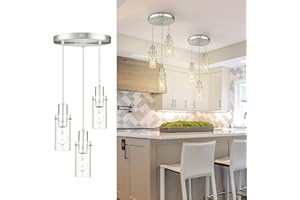 Emak Modern Brushed Nickel Pendant Light, Cluster Pendant Lights Kitchen Island with Clear Glass Shade, 3-Light Hanging Lights for Kitchen, Dining Room, Living Room, Bathroom, PL120-BN-CL