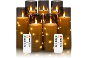 Eebuss Flameless Candles with Embedded Star String, Battery Operated LED Pillar Candles with Timer and Remote Control,Home Decorating for Ambiance， Set of 7(Grey)
