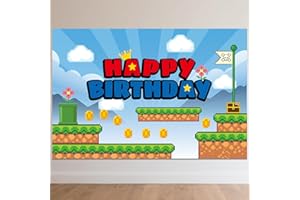 Cartoon Happy Birthday Backdrop, 150 * 100cm/5 * 3ftVideo Game Themed Birthday Banner Cute Wall Hanging Decoration for Party 