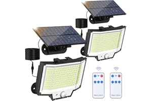 FLAOW Solar Motion Lights Outdoor, [400 LED/2 Pack/3 Modes] Separate Panel Solar Powered Flood Security Lights with Remote, 16.4Ft Cable, IP65 Waterproof Wall Lights for Garden Garage Yard Backyard Patio