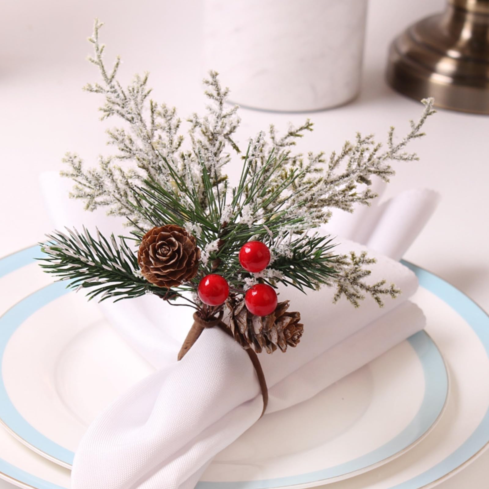 Photo 1 of 12Pcs Christmas Pinecone Napkin Rings,Rustic Pinecone Napkin Ring with Red Berries for Christmas Wedding, Banquet,Table Decor