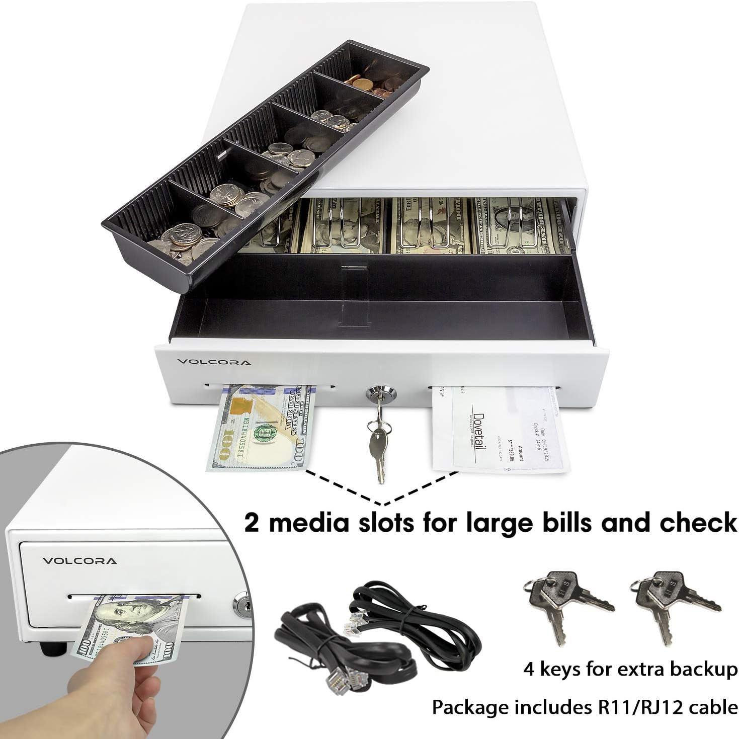 Mini Cash Register Drawer 13” for Point of Sale (POS) System with Fully Removable 2 Tier Cash Tray, 4 Bill/5 Coin, 24V, RJ11/RJ12 Key-Lock, Double Media Slot, Small Square Money Drawer, White : Electronics