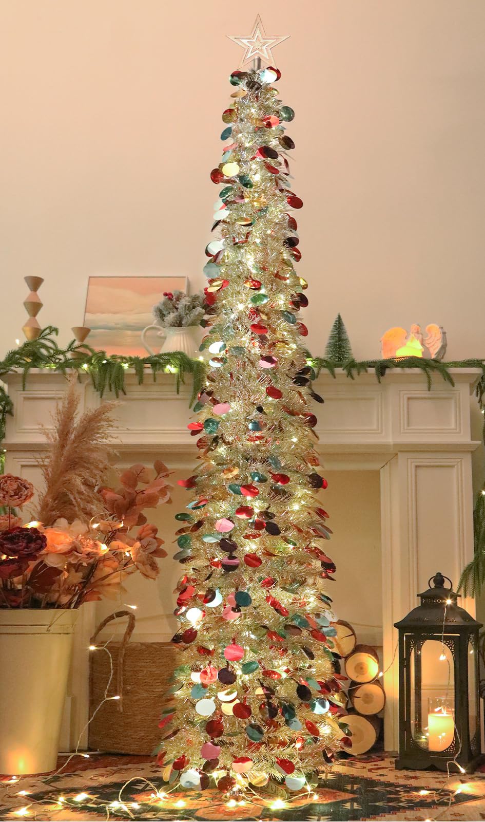 Photo 1 of SINTENILL 6 FT Pop Up Christmas Tree with 100 LED Timer Lights, Silver Tinsel Christmas Tree, Collapsible Artificial Pencil Christmas Tree Pull Up Tree Holiday Decor for Indoor Home, Office, Party