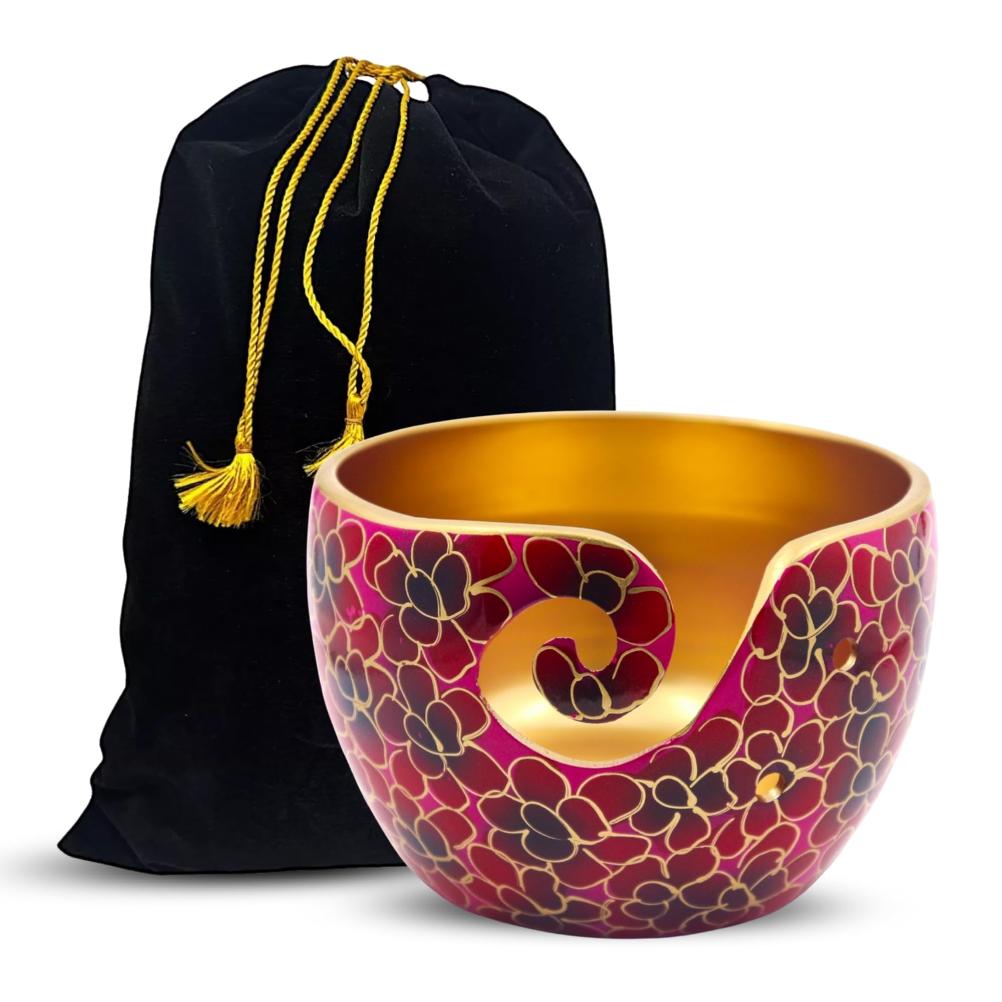 Premium Solid Crafted Floral Metallic Finish Aluminium Portable Yarn Bowl Holder for Knitting Crochet Gift Set | Hind Handicrafts (6" x 6" x 4", Red)