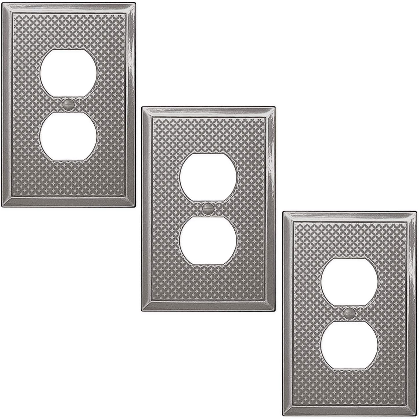 Single Duplex 3 Pack - Brushed Nickel Outlet Cover Pyramid Cast Metal Decorative Light Switch Cover