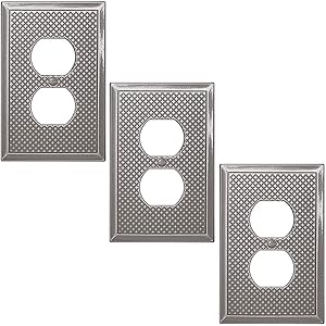 Single Duplex 3 Pack - Brushed Nickel Outlet Cover Pyramid Cast Metal Decorative Light Switch Cover