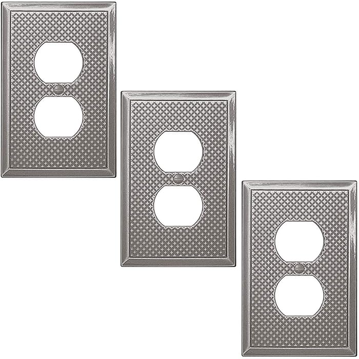 Single Duplex 3 Pack - Brushed Nickel Outlet Cover Pyramid Cast Metal Decorative Light Switch Cover