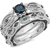 Dazzlingrock Collection 1.05 Ctw 14K Real Solid Gold Round Cut Blue Natural Diamond Women Bridal Vintage Style Engagement Ring Set