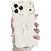 MZELQ for iPhone 17 Pro Max Case, Silicone Rose Floral Flower Cute Pattern, Support for MagSafe, Kickstand Wristband Camera Protection Soft Slim Phone Case for Girls Women -White