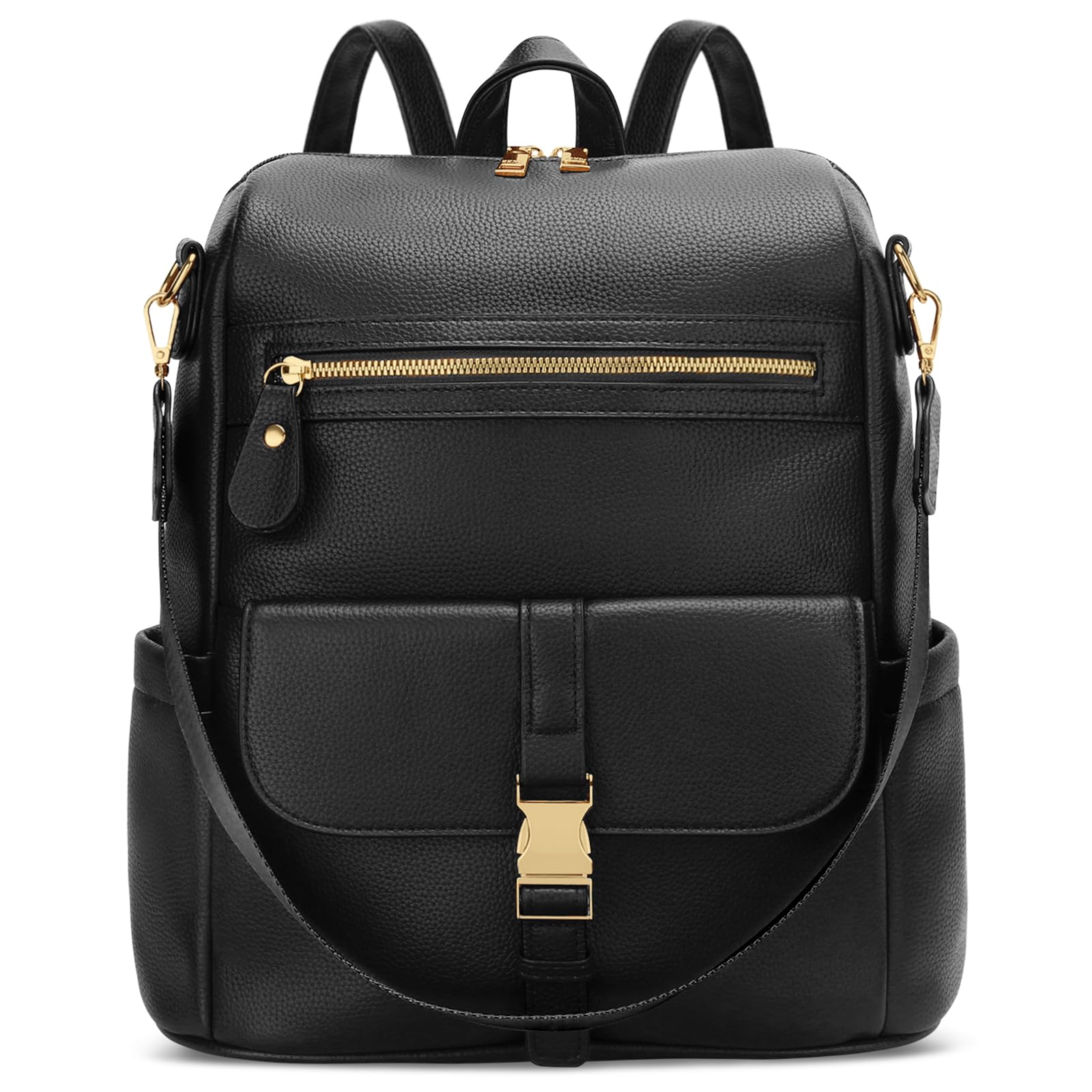 Photo 1 of KKXIU Backpack Purse for Women - Multi-pocket Leather backpack for Travel, Work & School with Anti-Theft Lock Pocket, Luggage Strap & Water Bottle Pockets - 13x14x5.2 Inch, 1.67lb (Black)