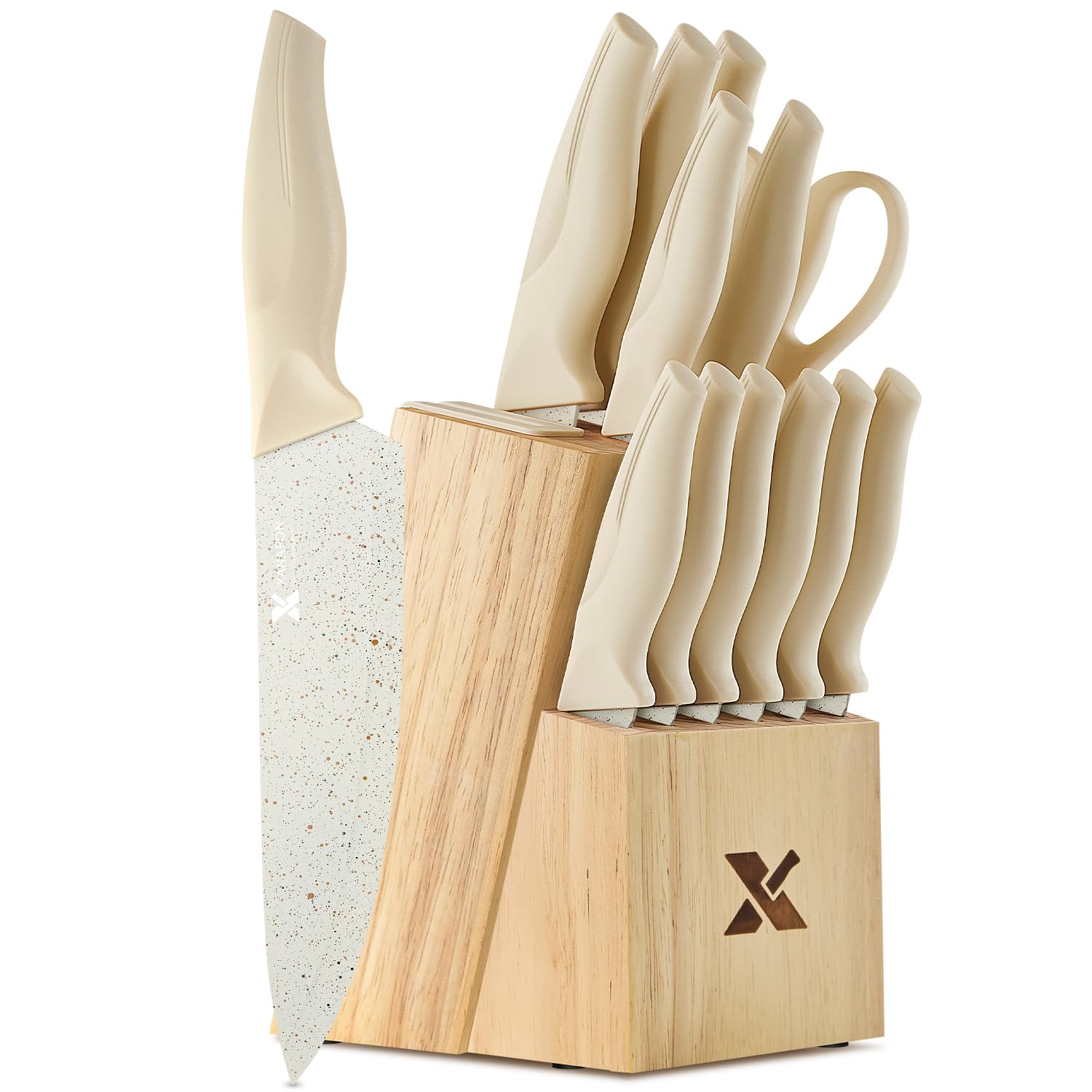 XANAPON Knife Set, Dishwasher Safe Kitchen Knife Set, CreamWhite Ergonomic Handle and Ceramic-Coated Blades, Built-in Sharpener Block, Sturdy German Stainless Steel Image