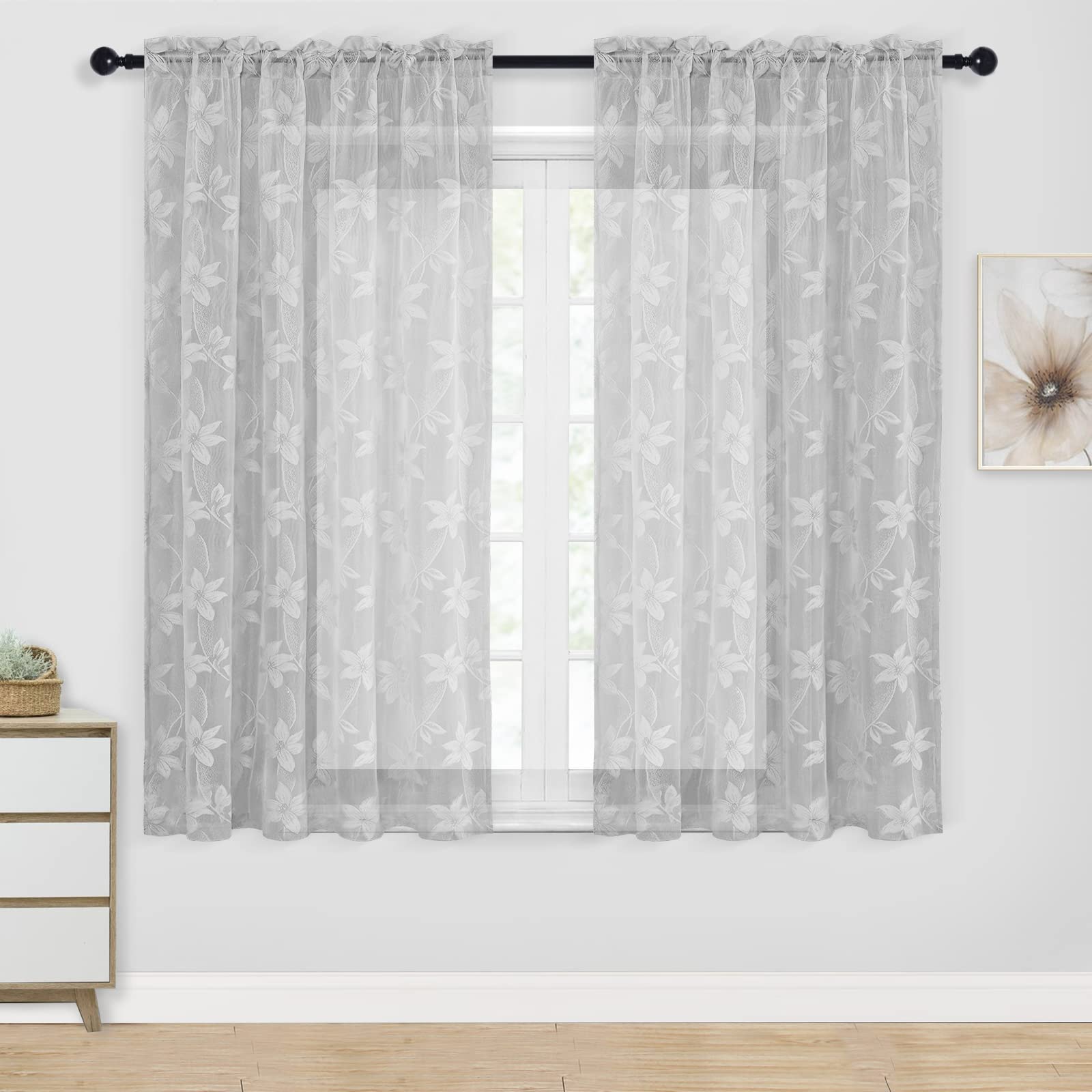DWCN Grey Floral Lace Sheer Curtains - Rod Pocket Window Voile Sheer Drapes for Bedroom Kitchen Short Curtains 52 x 45 inch Length, Set of 2 Curtain Panels