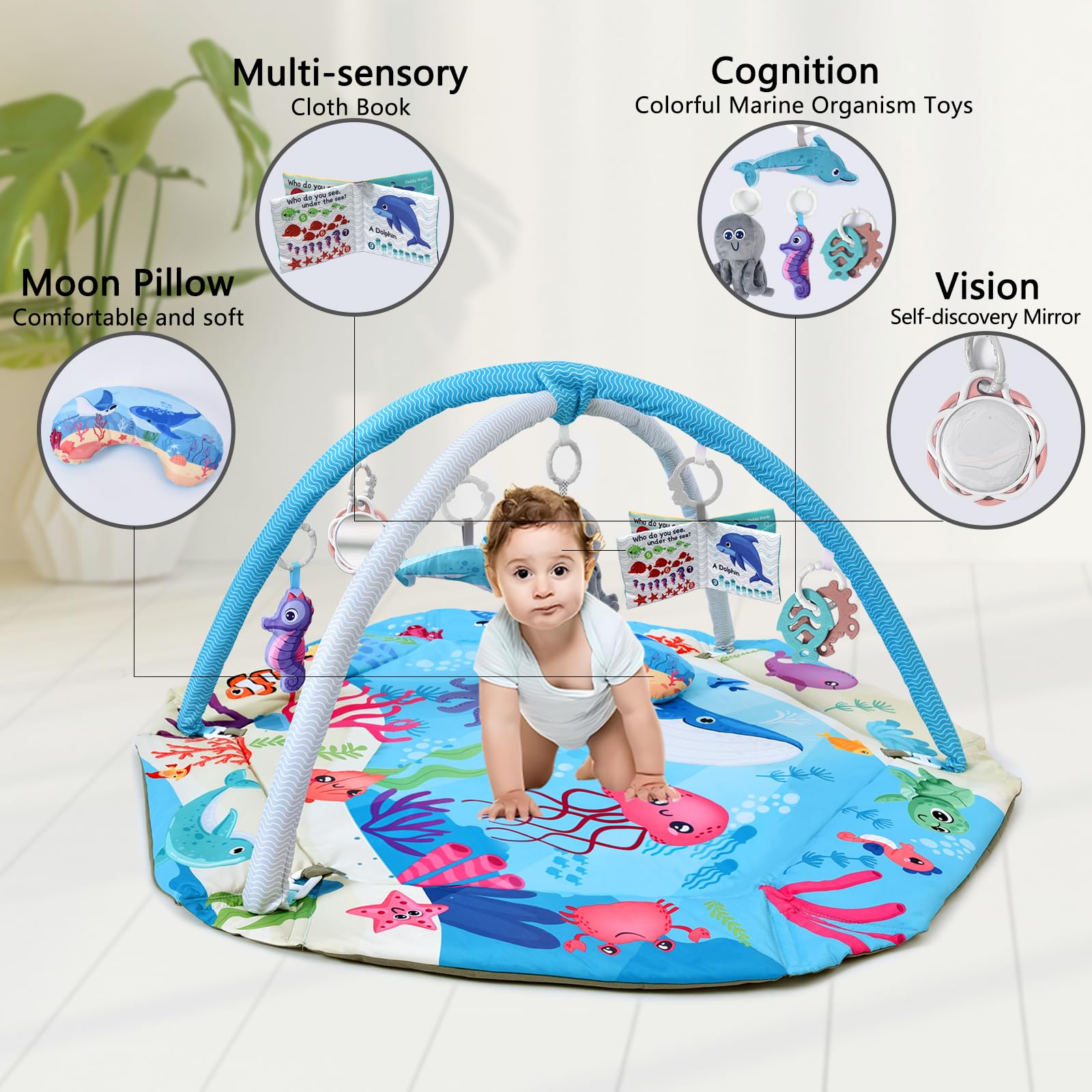 TFDER Baby Gym Play Mat, 8-in-1 Tummy Time Mat & Activity Gym, Washable Ball Pit, Infant Play Mat with Detachable Toys for Sensory Exploration and Motor Skill Development