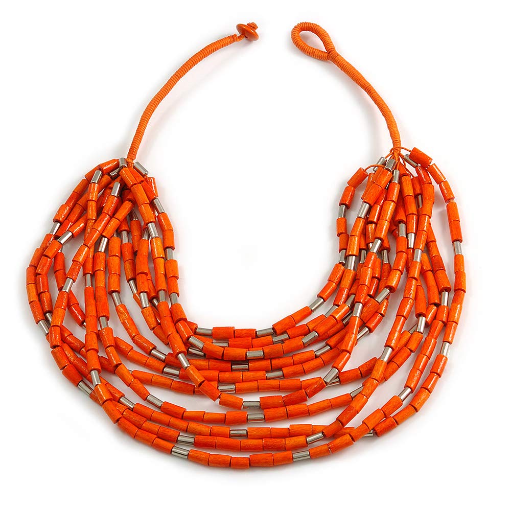 Avalaya Statement Multistrand Wood Bead Cotton Cord Bib Style Necklace In Orange - 64cm Long