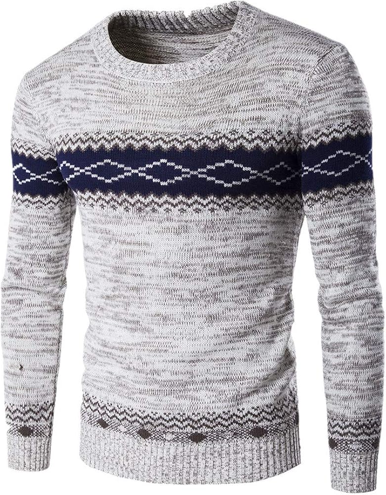 Men's Color Matching Sweater National Style Warm Pullover Sweater Grey