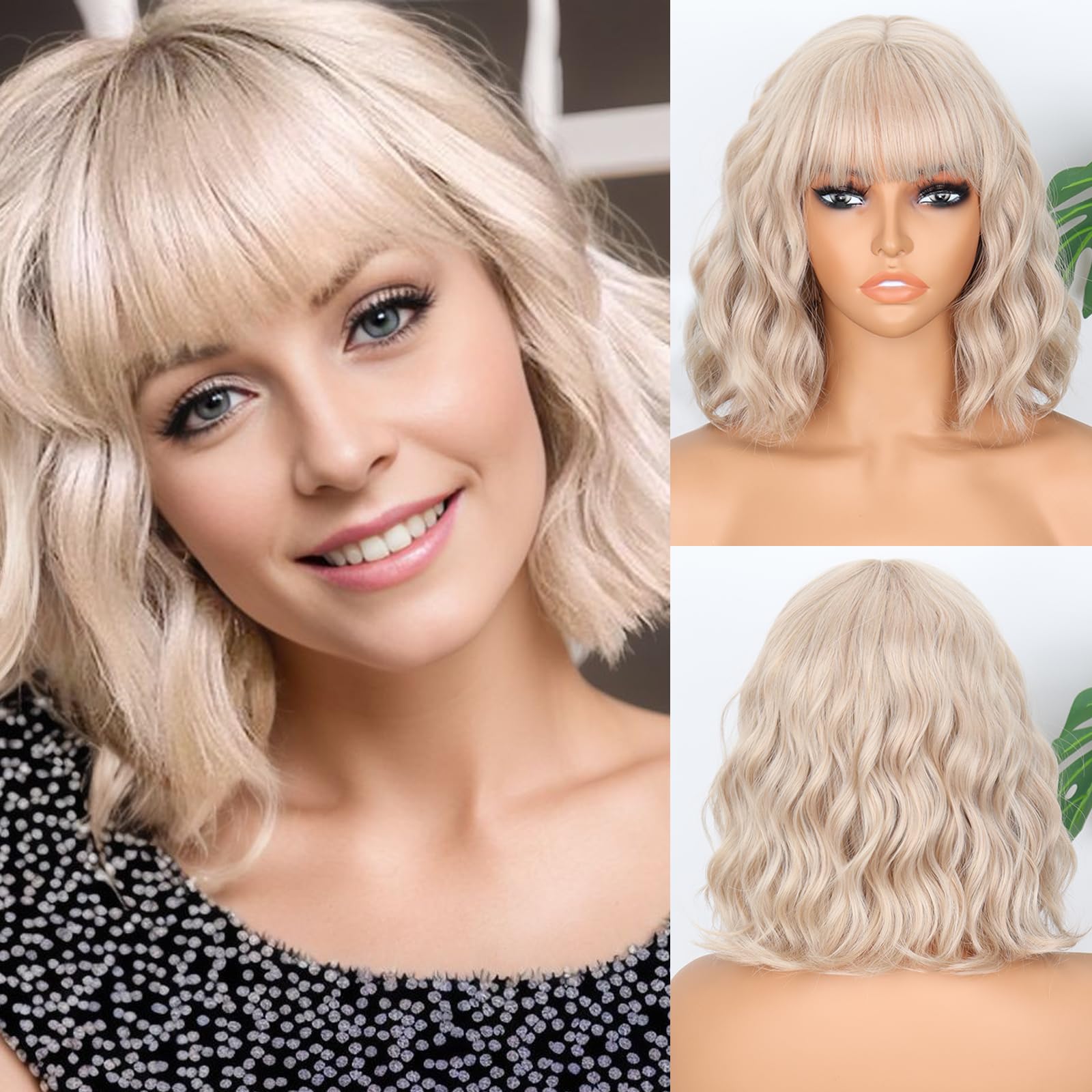 Photo 1 of MISSQUEEN Blonde Wig Wavy Short Bob Blond Wigs With Air Bangs Shoulder Length Drity Blonde Wigs for Women Wavy Synthetic Cosplay Wig for Girl Costume Wigs