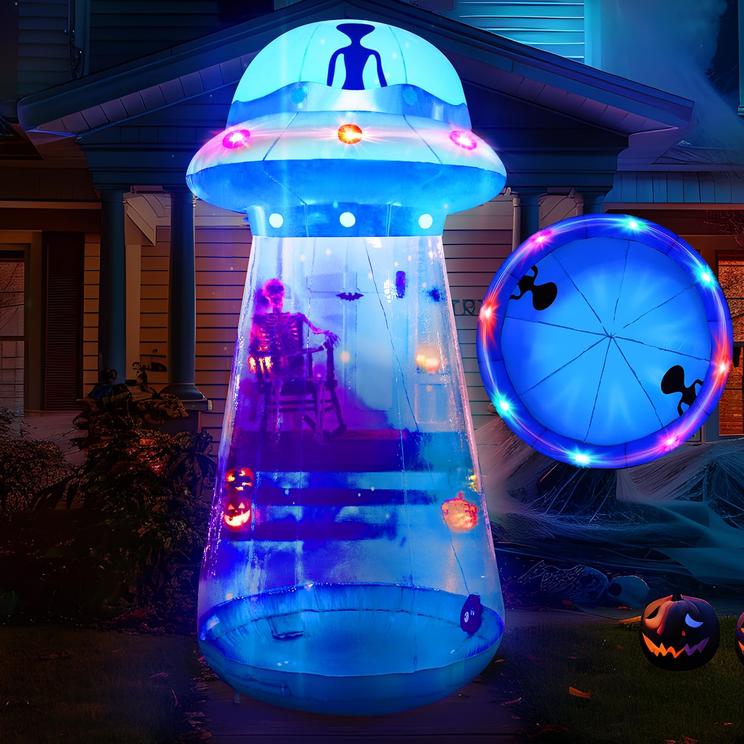 Photo 1 of Joiedomi 9 FT Tall Halloween Inflatable UFO Outdoor Decoration, Blow Up Blue Flat Rim UFO with Built-in Color Changing LEDs for Halloween Indoor Outdoor Yard Garden Lawn Party Decoration