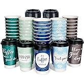 Bapmnicc Disposable Coffee Cups with Lids 16 oz, 50 Pack Double-Walled Fun Designs, Insulated, Hot Beverage Paper Cups for Cold & Hot Drinks