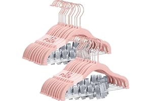 Wellong Baby Hangers with Clips, 24 Packs Kids Velvet Clothes Hangers, Heavy-Duty Childrens Pant Hangers for Shirts, Pants, Skirts, Dresses, Jackets, Coat Pink - Rose Gold Hook
