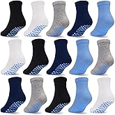Tphon Toddler Socks with Grippers for Boys Girls, Kids Non Slip Grip Boys Socks 15 Pairs Half Cushion Crew Athletic Sock