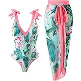 Womens One Piece Swimsuit with Cover Up Slimming 1 Piece Bathing Suit with Sarong Wrap Retro Floral Print Swim Suit with Beach Cover Up Set Push Up Swimwear Pink Floral X-Large