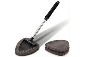 TAKAVU Car Window Cleaning Tool, Windshield Wiper Cleaner with Extendable Long-Reach Handle, 3 Washable Reusable Microfiber Bonnets, Car & Home Inside Interior Exterior Use - Lint Free (Grey)