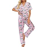 Ekouaer Silk Satin Pajamas Set Women Short Sleeve Sleepwear Soft Button Down Loungewear Pjs Set