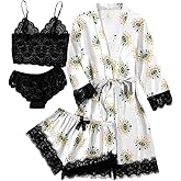 LYANER Women's 4pcs Sleepwear Satin Floral Lace Trim Cami Pajama Set with Robe
