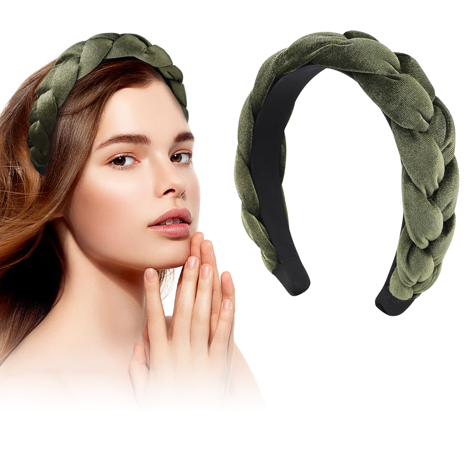 LOPHE Velvet Braided Headband, Twisted Braid Rough Edge Hair Band, Non-Slip Twisted Knotted Headband, Cute Vintage Style Braided Hairband, Patricks Day Accessories for Women (Green)
