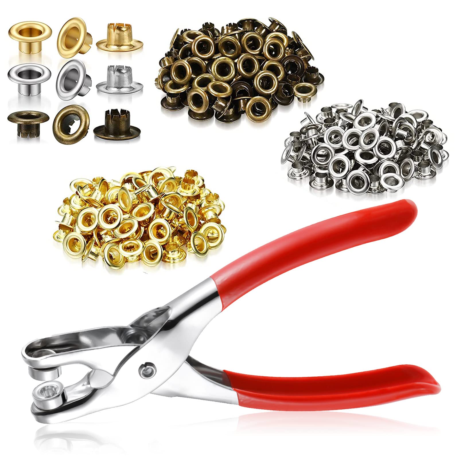 Grommet Eyelet Pliers Set, 1/4 inch Grommet Tools Kit Metal Eyelets Tool with 300 Metal Eyelets, Eyelet Tool Kit for Belts/Leather/Shoes/Workbooks/Apparel (Gold & Silver & Copper)