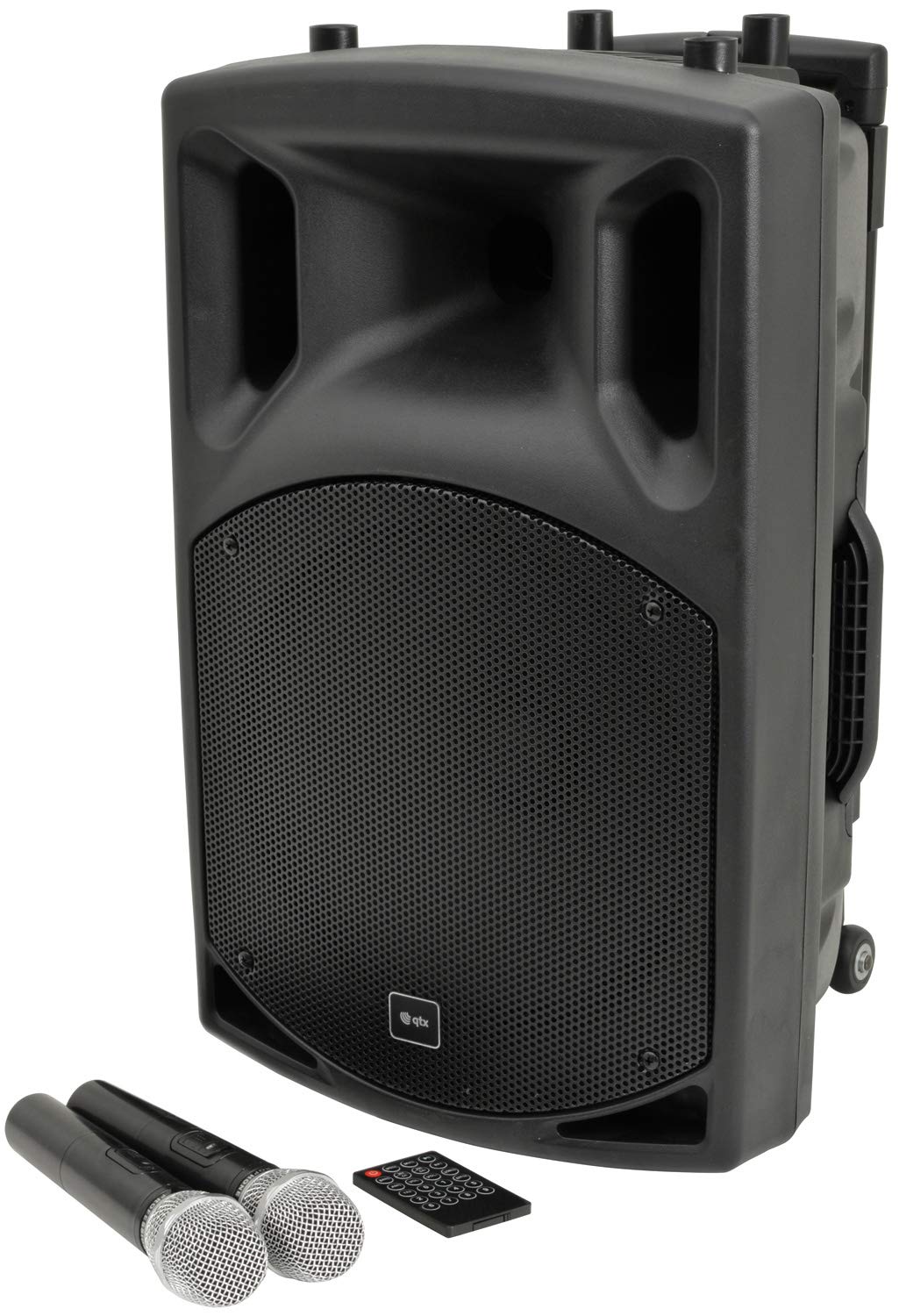 qtx | QX12PA Plus Complete Portable PA System | 2 x UHF Wireless Microphones & Media player USB/SD/FM/Bluetooth Connectivity,Black,12"