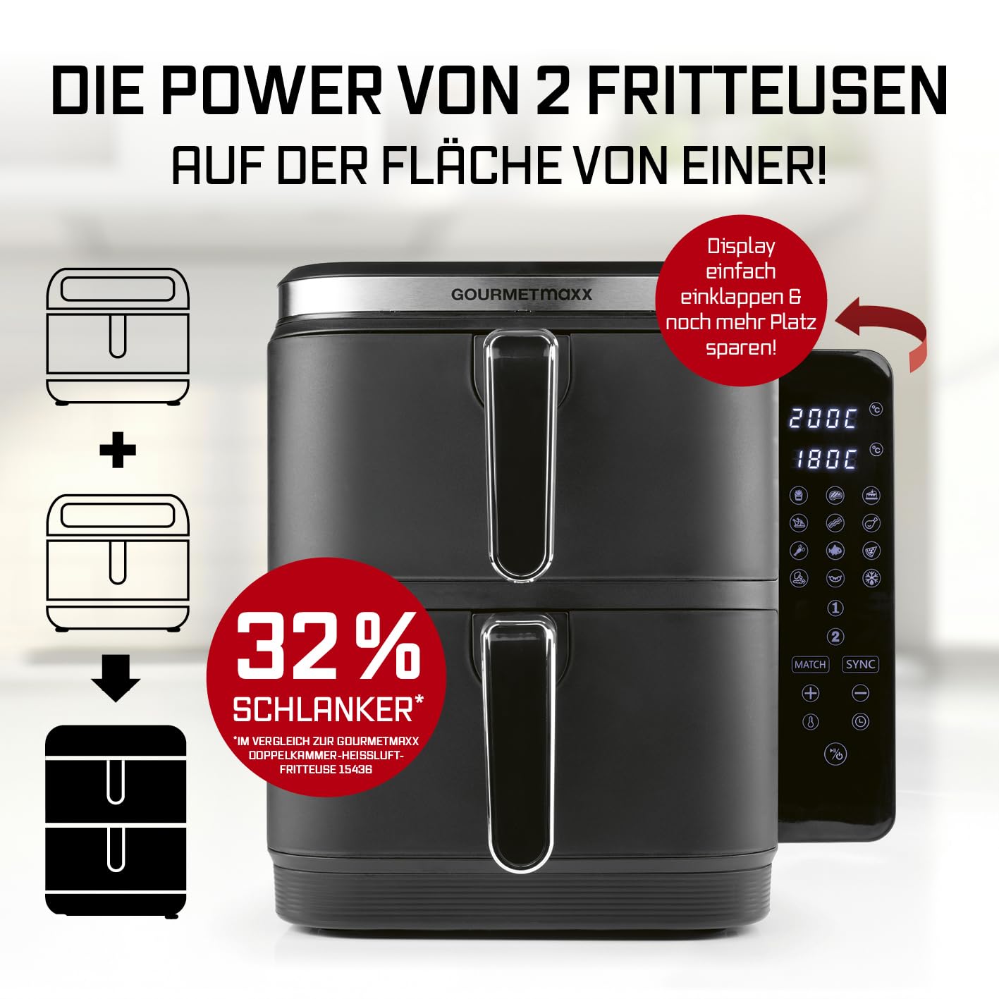 GOURMETmaxx FryUp Vertikale Doppelkammer Heißluftfritteuse | vertikaler Airfryer | klappbares Touchdisplay | 32% platzsparender | Fassungsvermögen 10L | Heißluftfritteuse 2 Kammern 2