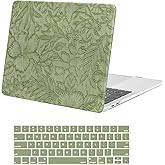 MOSISO Compatible with MacBook Pro 13 inch Case 2026, 2025-2016 M2 M1 A2338 A2251 A2289 A2159 A1989 A1708 A1706, Embossed Retro Hibiscus Texture PU Leather Coated Hard Case&Keyboard Cover, Green
